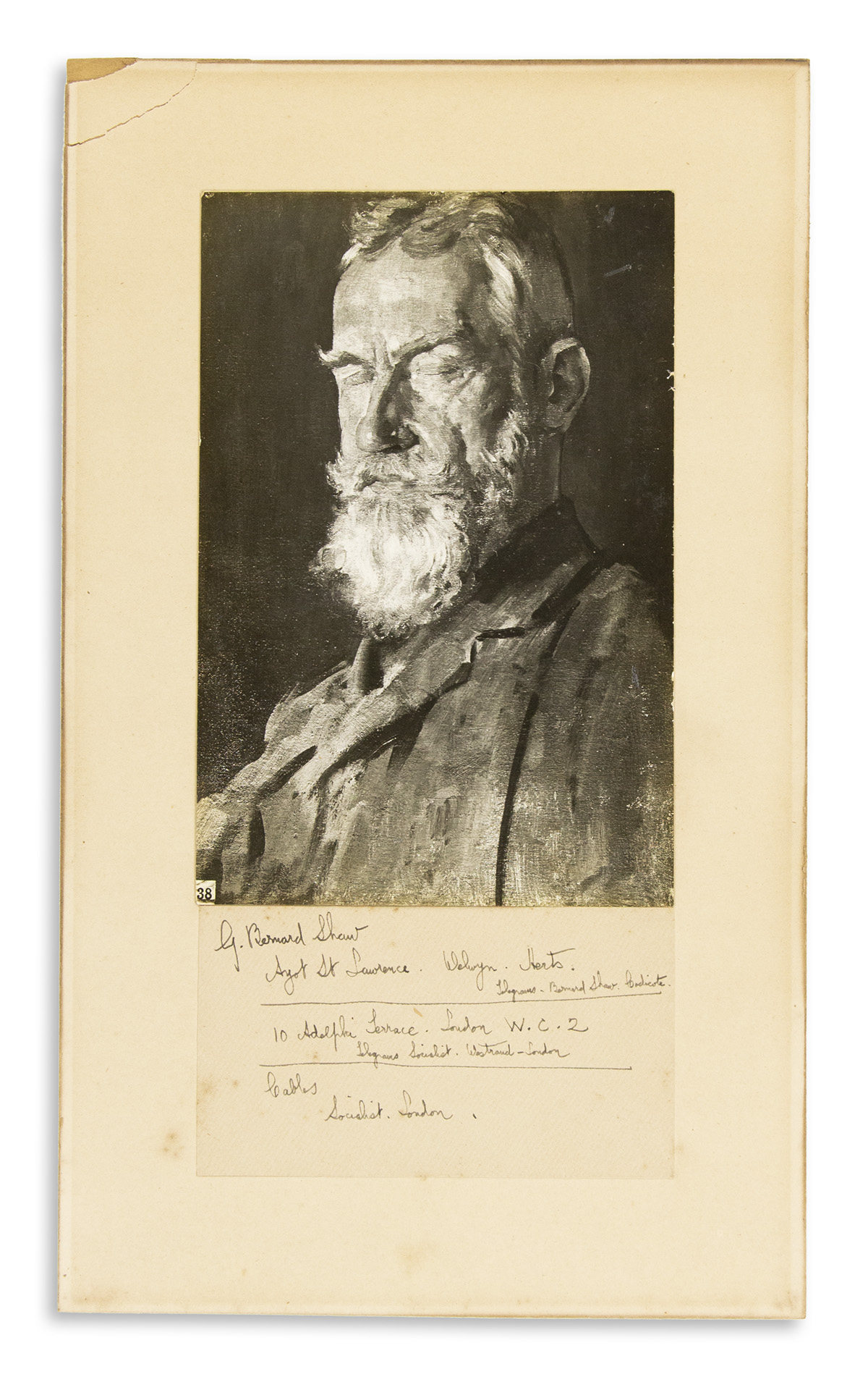 SHAW, GEORGE BERNARD. Autograph Manuscript Signed, G. Bernard Shaw, list of his various correspondence addresses in 7 lines,